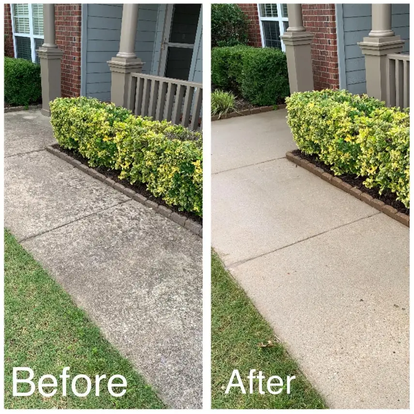 Before and after professional concrete sidewalk pressure washing in Tulsa Oklahoma
