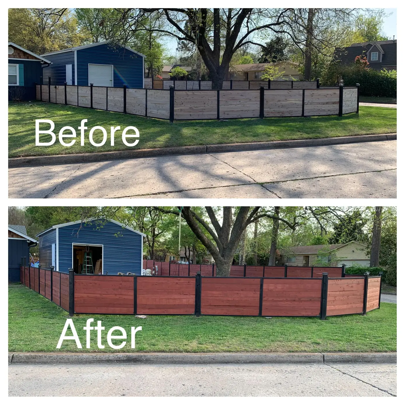 Before and after stained wood privacy fence project in Tulsa Oklahoma