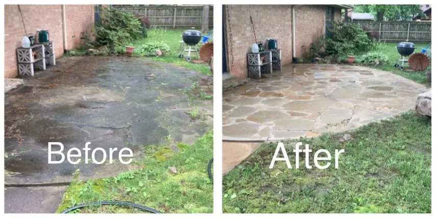 Before and after pressure washing of algae-covered flagstone patio in Tulsa