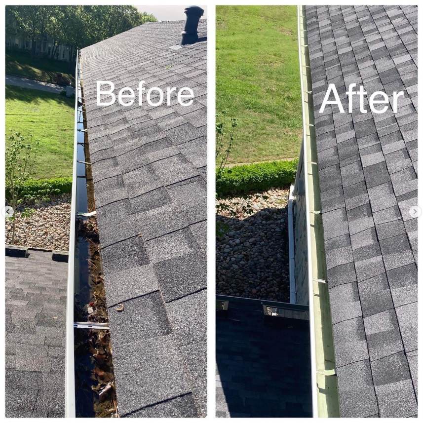 Before and after residential gutter cleaning showing debris removal