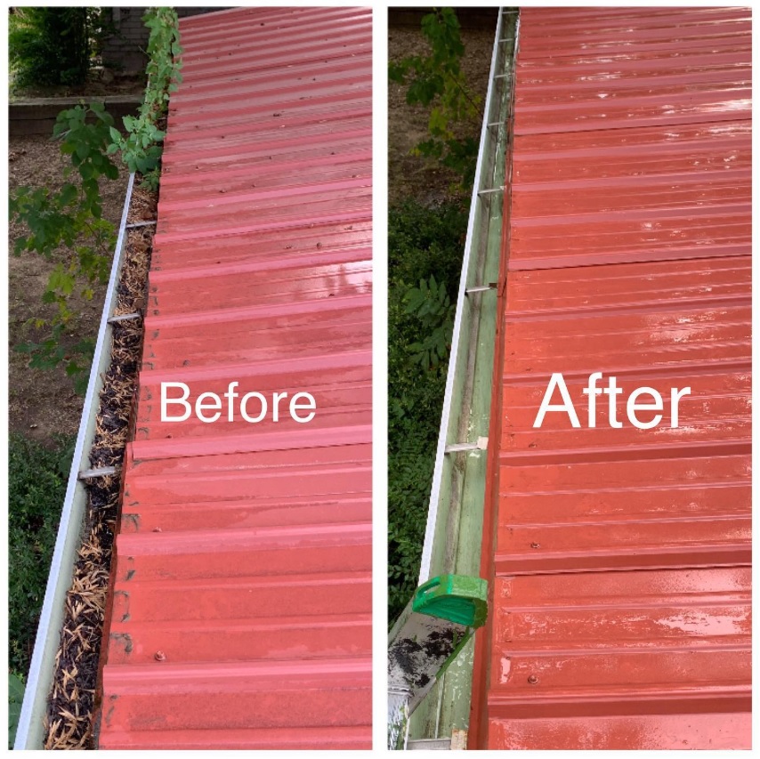 Before and after gutter cleaning beside a red metal roof