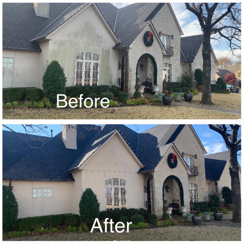 Before and after soft washing of stucco home exterior in Tulsa Oklahoma