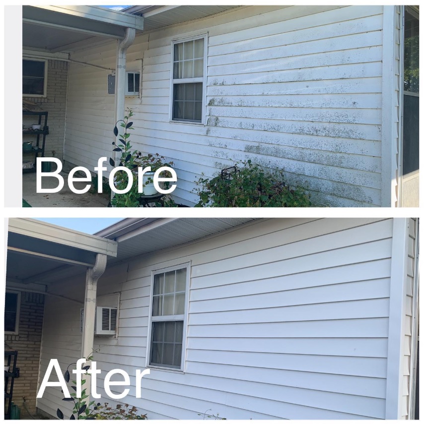 Before and after soft wash house cleaning on vinyl siding in Tulsa Oklahoma