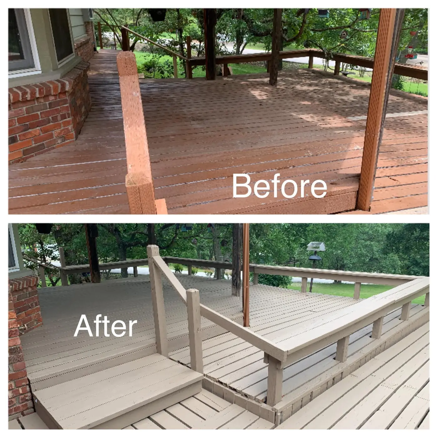 Large wood deck before and after professional painting in Tulsa