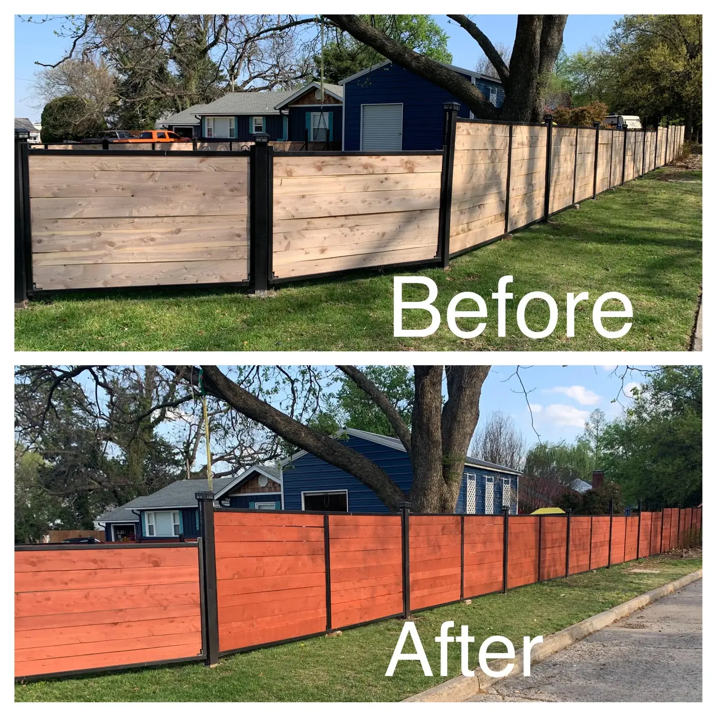 Modern wood fence before and after professional staining in Tulsa