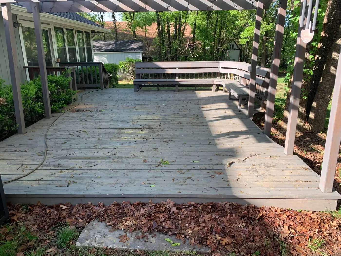 Wood deck before painting and refinishing preparation in Tulsa