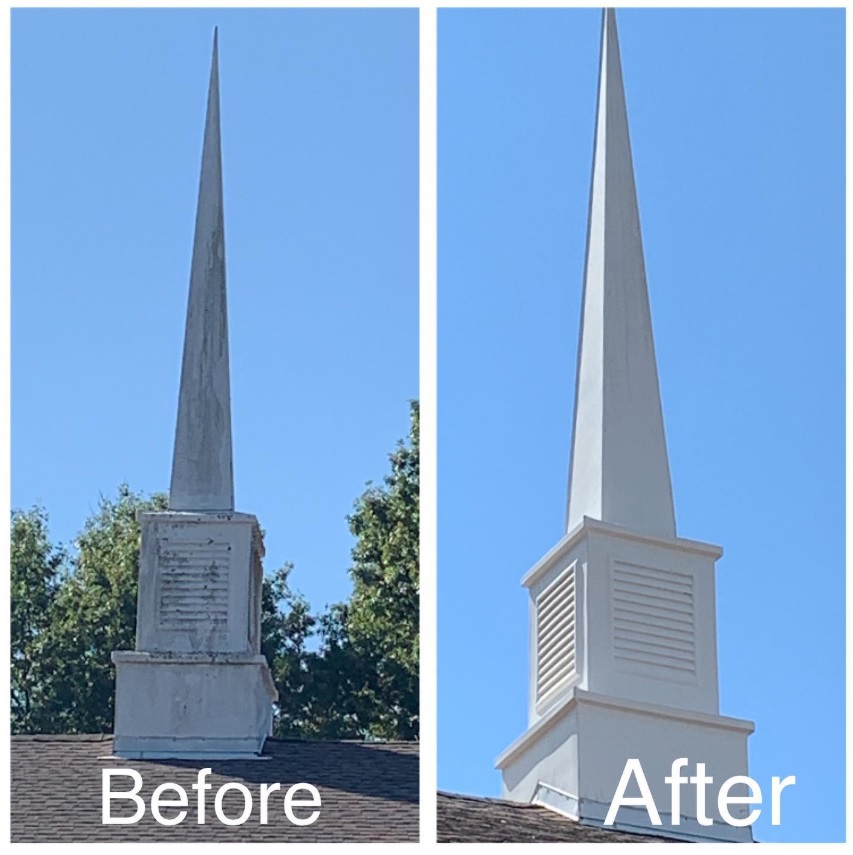 Before and after cleaning of church steeple roof surface