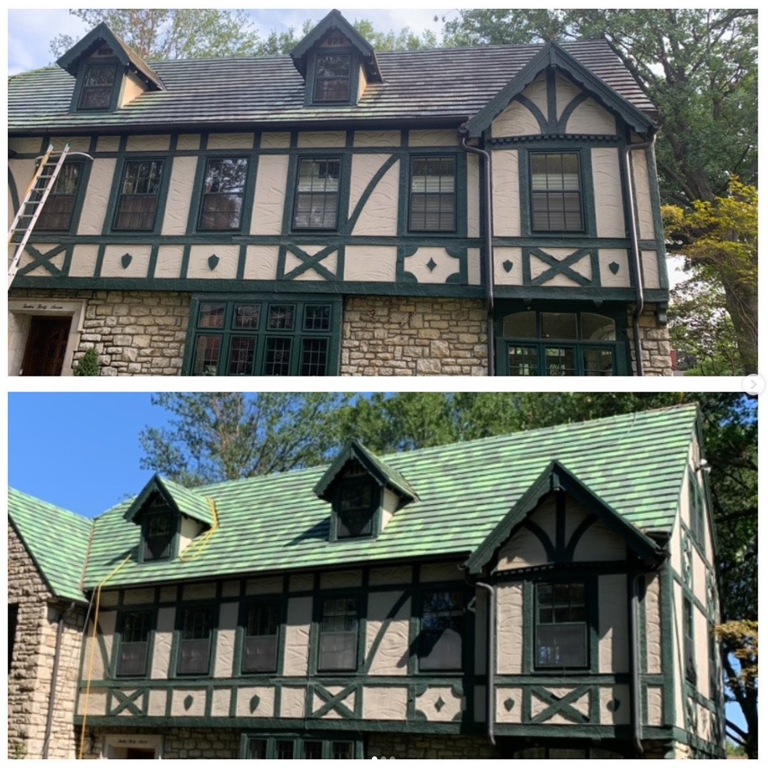 Before and after cleaning of heavily stained historic tile roof in Tulsa Oklahoma