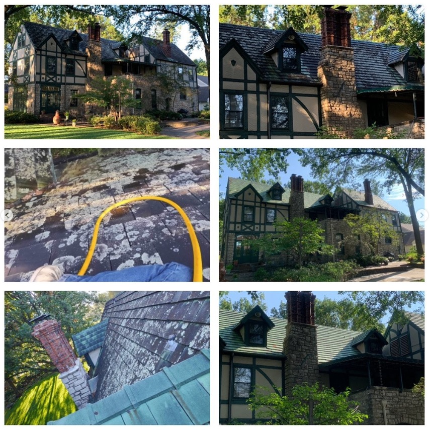 Historic tile roof cleaning project removing heavy organic growth and lichen