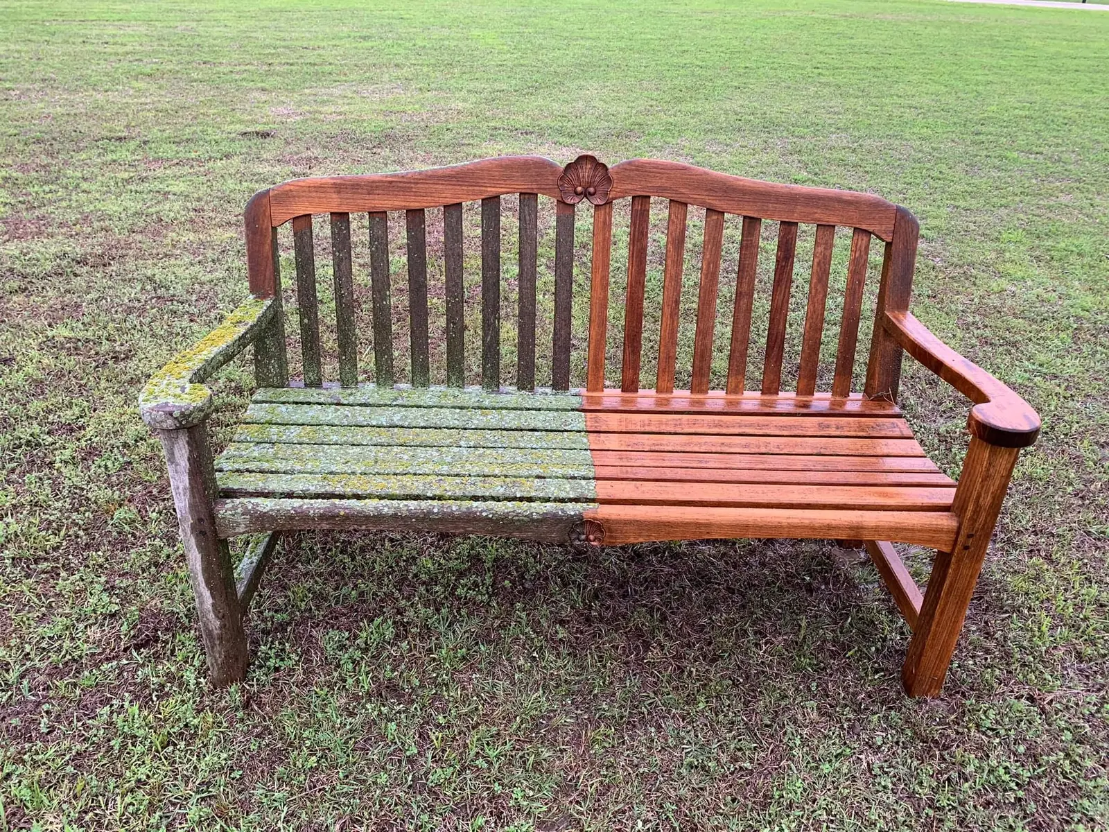 Wood bench partially pressure washed showing a dramatic difference between cleaned and untreated wood