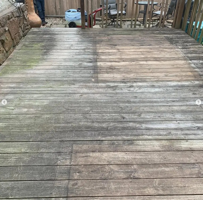 Wood deck before professional pressure washing in Tulsa Oklahoma