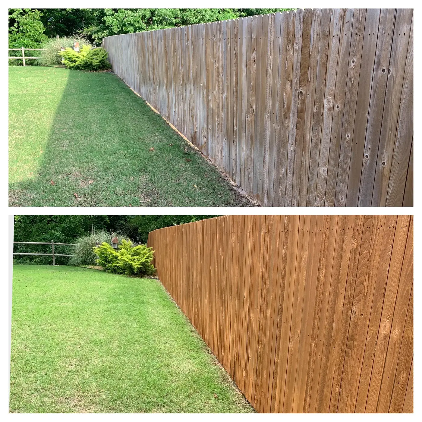Weathered wood fence before and after staining in Tulsa
